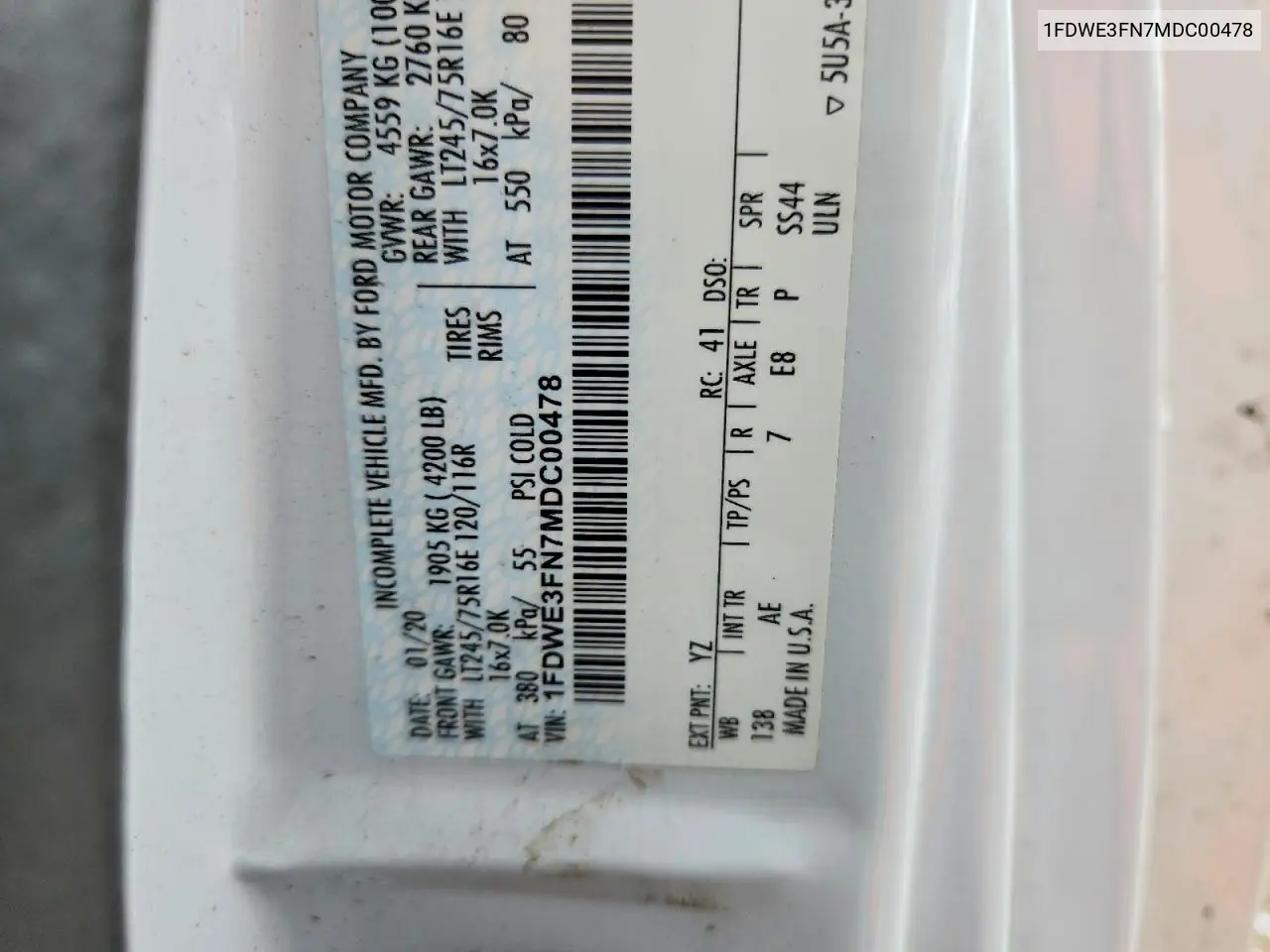 2021 Ford Econoline E350 Super Duty Cutaway Van VIN: 1FDWE3FN7MDC00478 Lot: 60375006