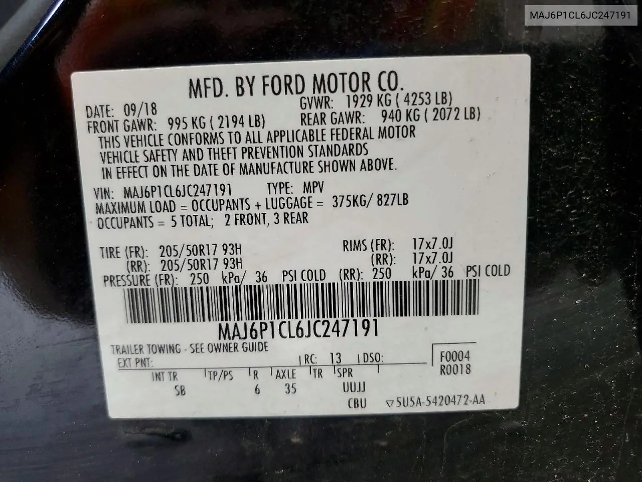 2018 Ford Ecosport Ses VIN: MAJ6P1CL6JC247191 Lot: 61309226