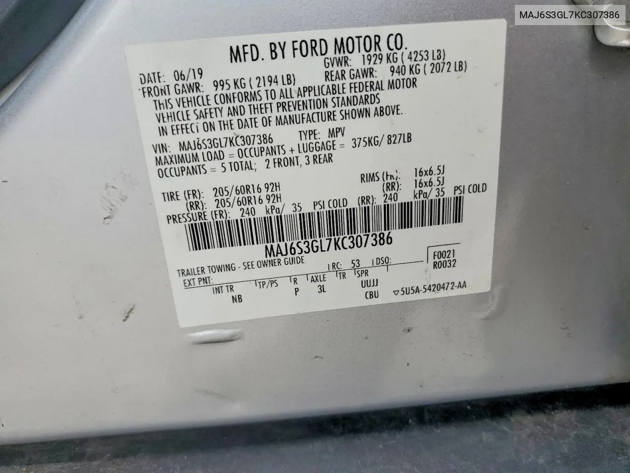 2019 Ford Ecosport Se VIN: MAJ6S3GL7KC307386 Lot: 55073036