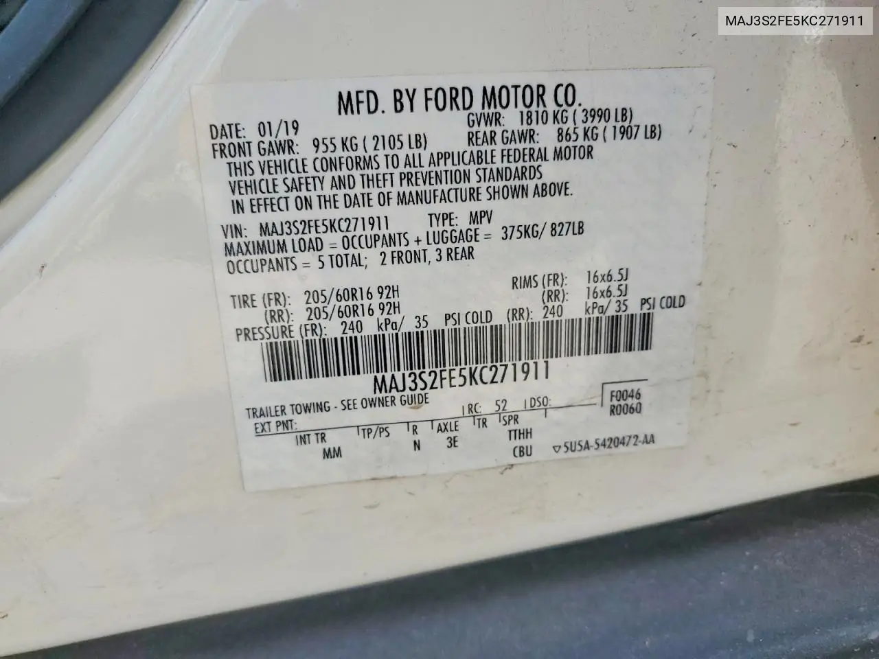 2019 Ford Ecosport S VIN: MAJ3S2FE5KC271911 Lot: 60797476