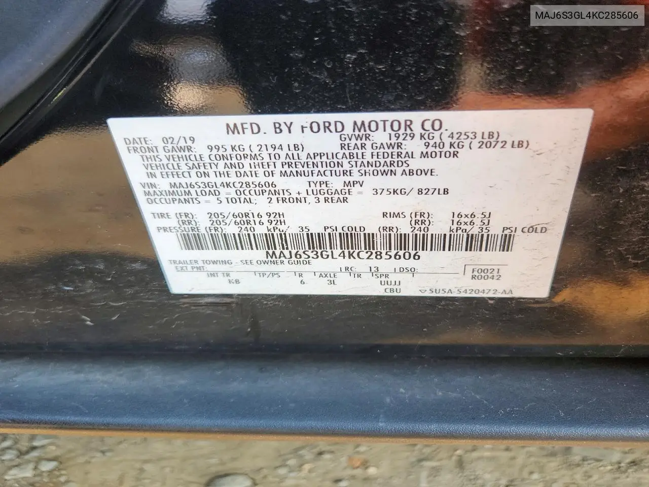 2019 Ford Ecosport Se VIN: MAJ6S3GL4KC285606 Lot: 61727196