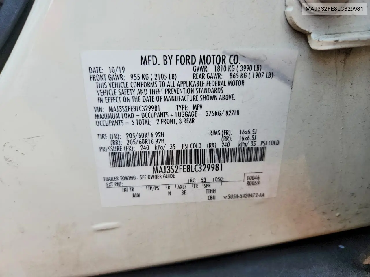 2020 Ford Ecosport S VIN: MAJ3S2FE8LC329981 Lot: 57292106