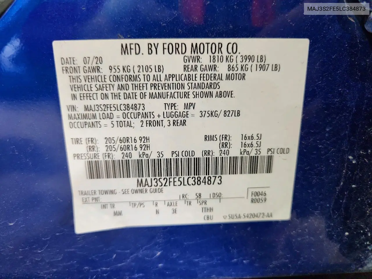 2020 Ford Ecosport VIN: MAJ3S2FE5LC384873 Lot: 60331546