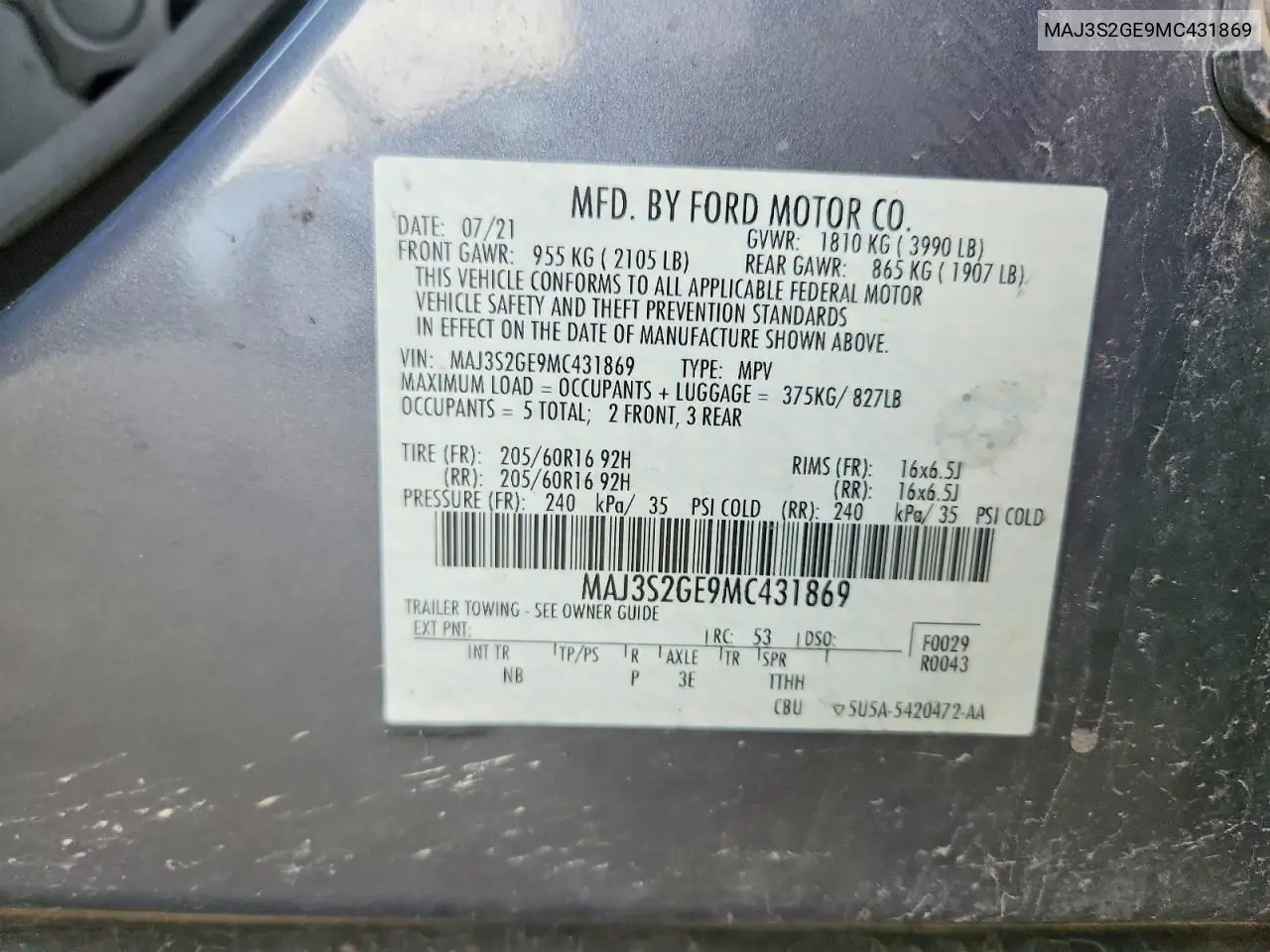 2021 Ford Ecosport Se VIN: MAJ3S2GE9MC431869 Lot: 57553956