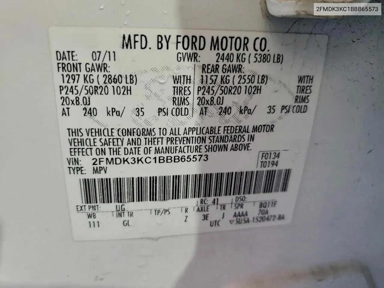 2FMDK3KC1BBB65573 2011 Ford Edge Limited