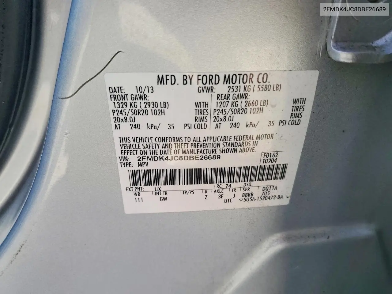 2013 Ford Edge Sel VIN: 2FMDK4JC8DBE26689 Lot: 60688146