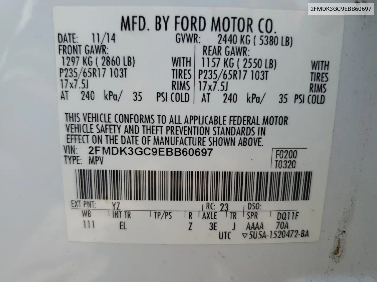 2FMDK3GC9EBB60697 2014 Ford Edge Se