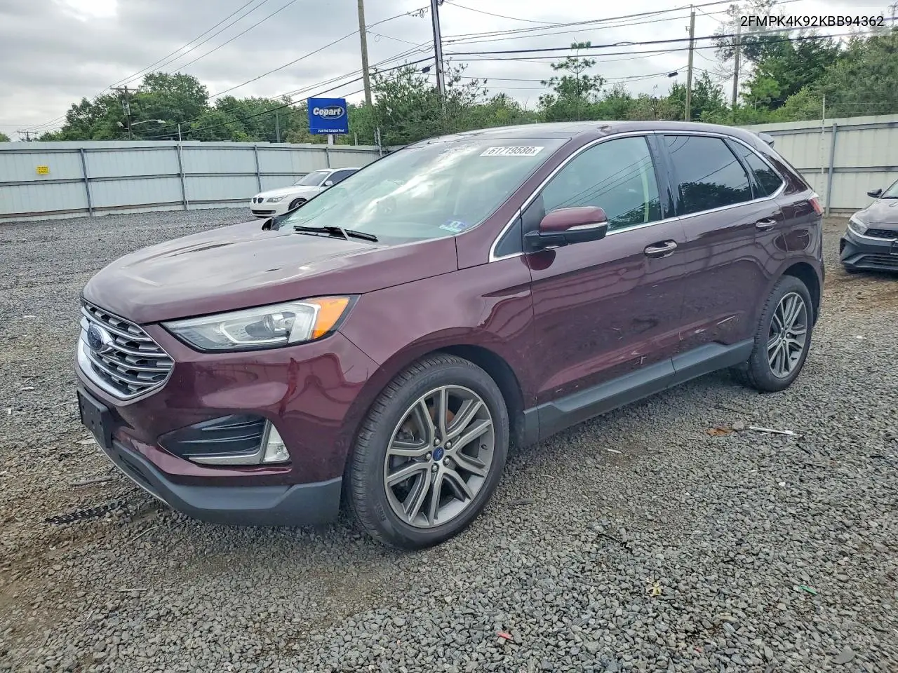 2019 Ford Edge Titanium VIN: 2FMPK4K92KBB94362 Lot: 61719586