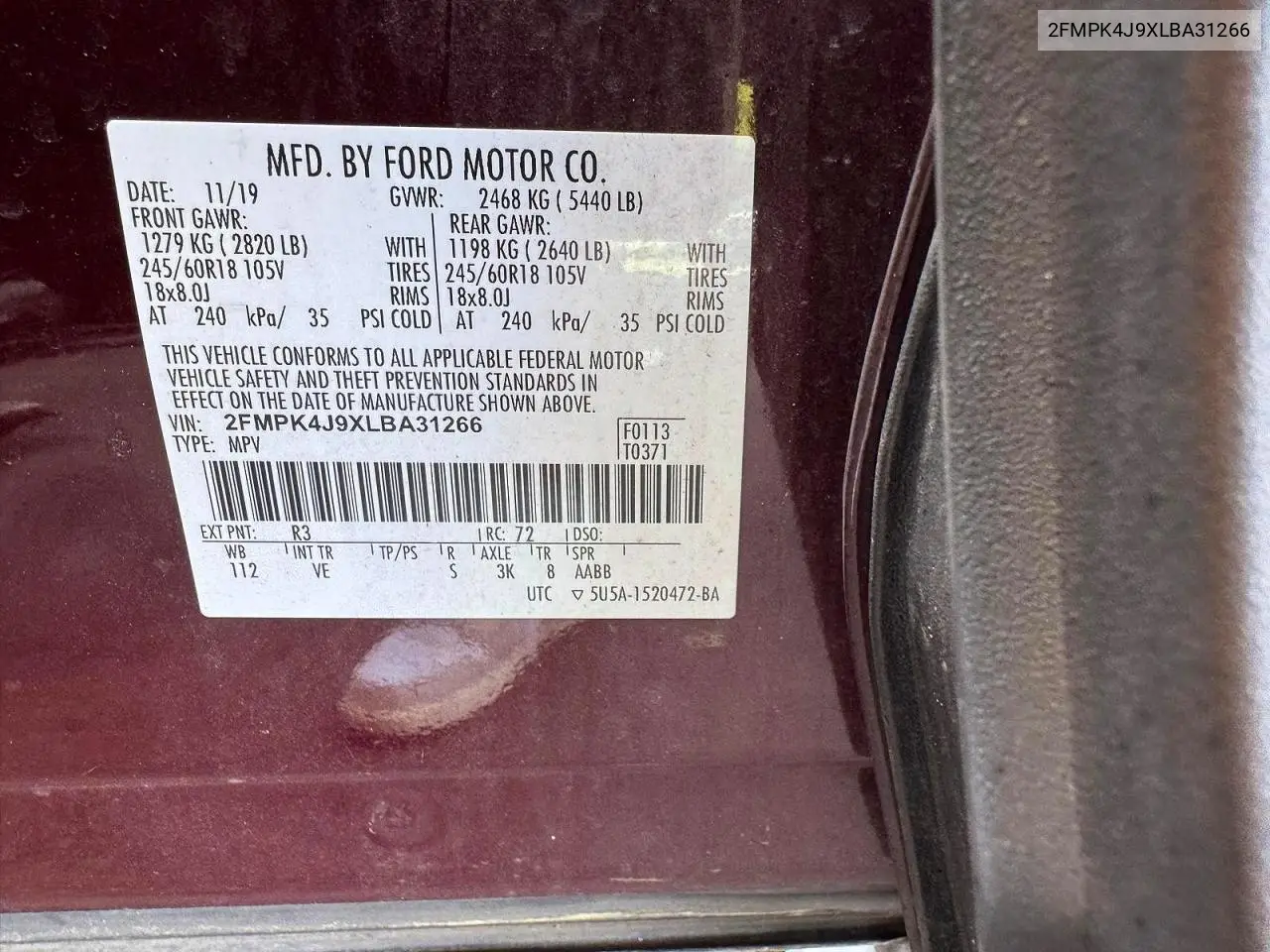 2020 Ford Edge Sel VIN: 2FMPK4J9XLBA31266 Lot: 62195666