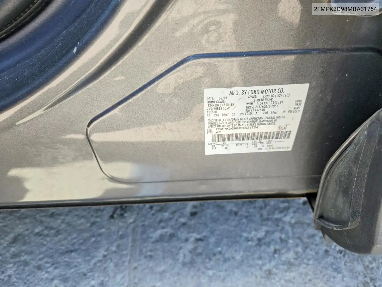 2021 Ford Edge Se VIN: 2FMPK3G98MBA31754 Lot: 60585736