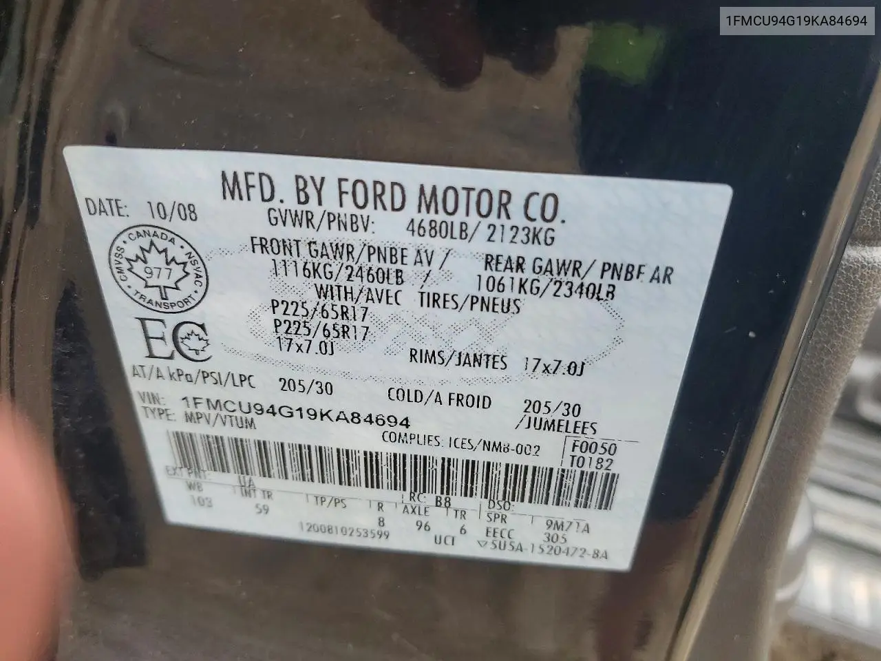 2009 Ford Escape Limited VIN: 1FMCU94G19KA84694 Lot: 56945506