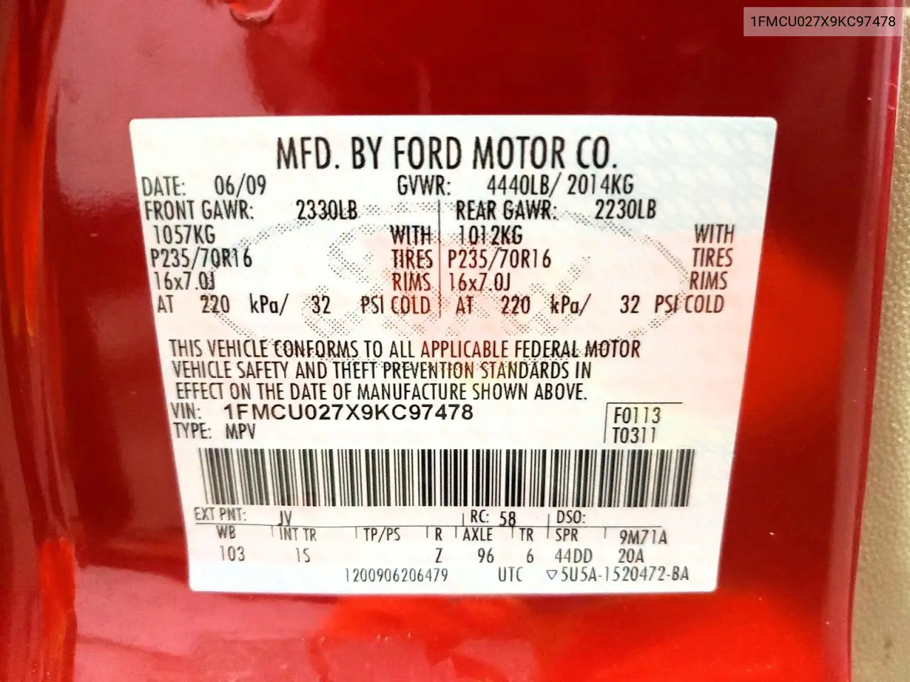 1FMCU027X9KC97478 2009 Ford Escape Xls