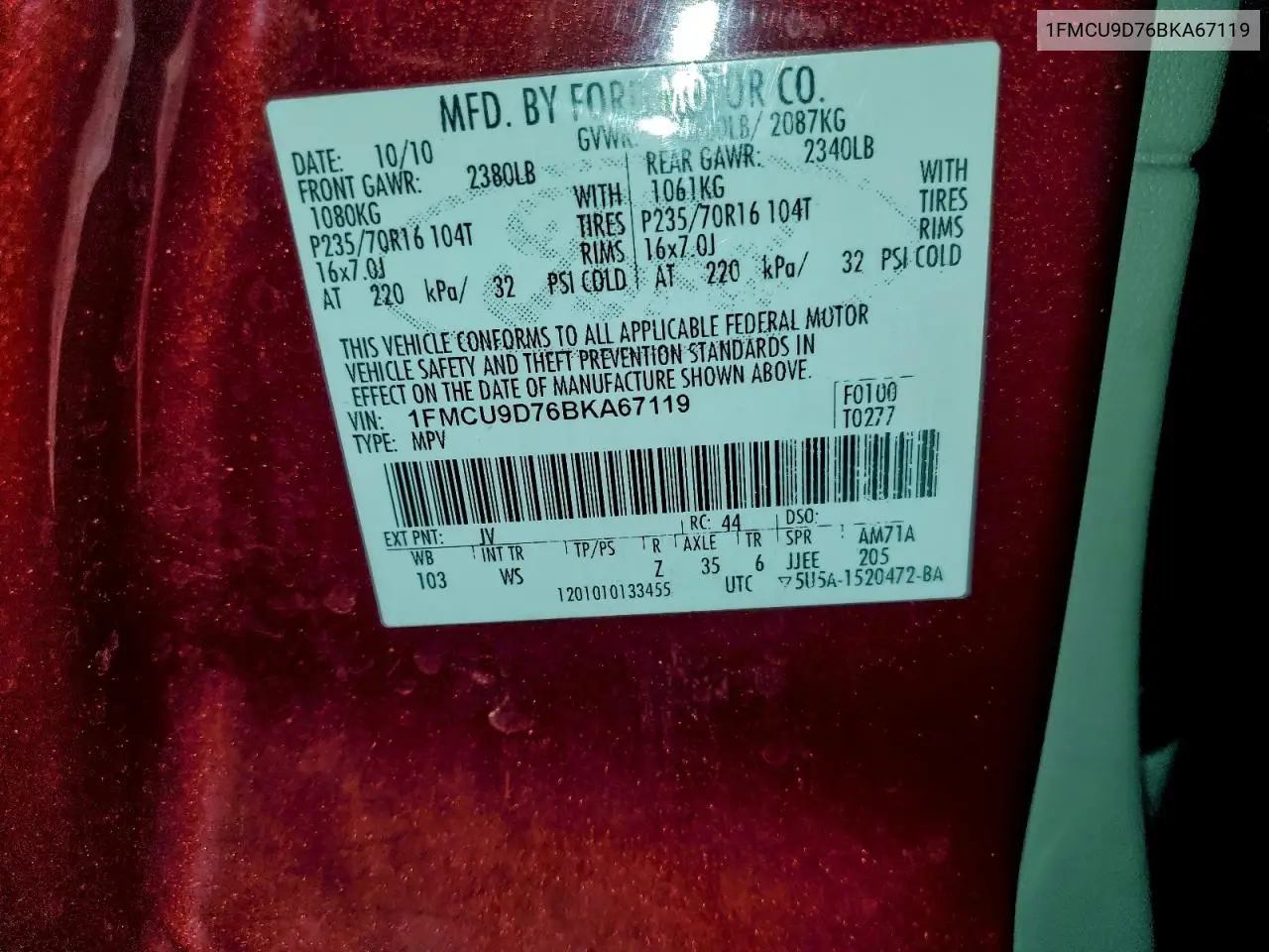 1FMCU9D76BKA67119 2011 Ford Escape Xlt
