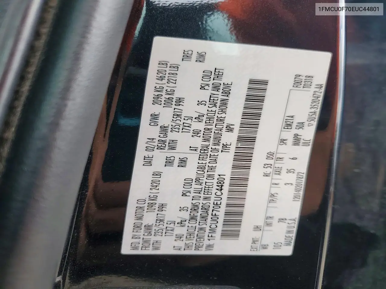 1FMCU0F70EUC44801 2014 Ford Escape S