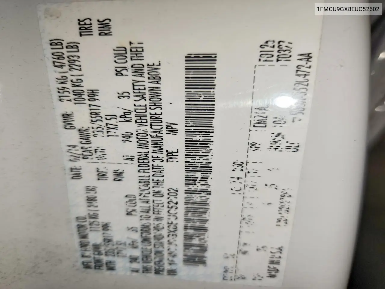 1FMCU9GX8EUC52602 2014 Ford Escape Se