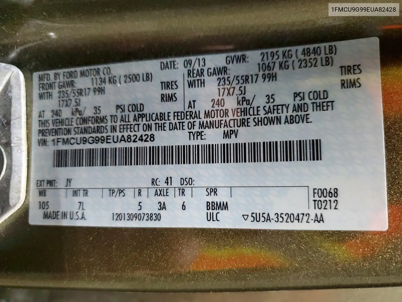 2014 Ford Escape Se VIN: 1FMCU9G99EUA82428 Lot: 62350066