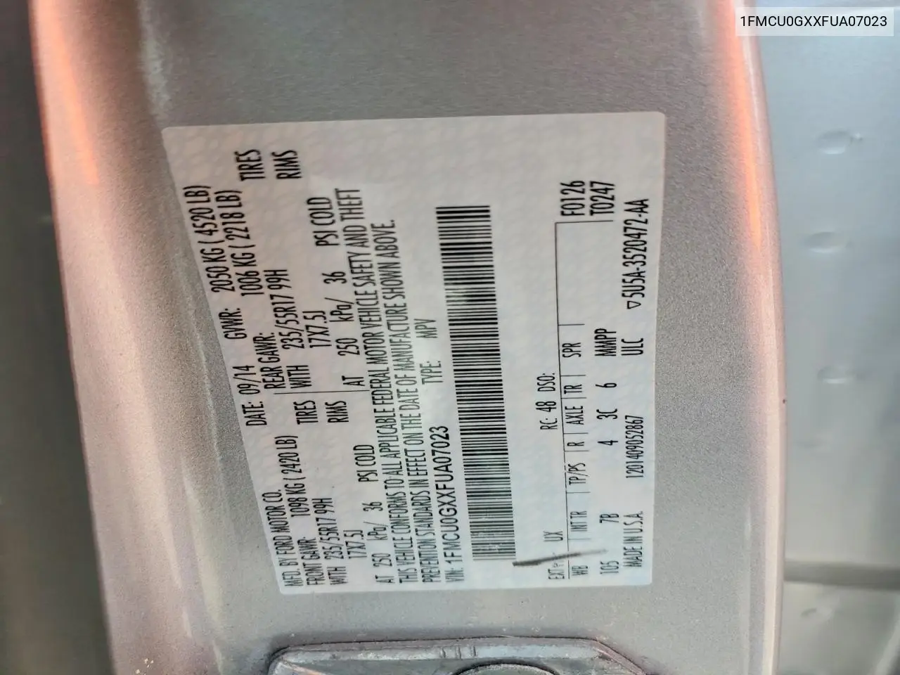 2015 Ford Escape Se VIN: 1FMCU0GXXFUA07023 Lot: 60846746