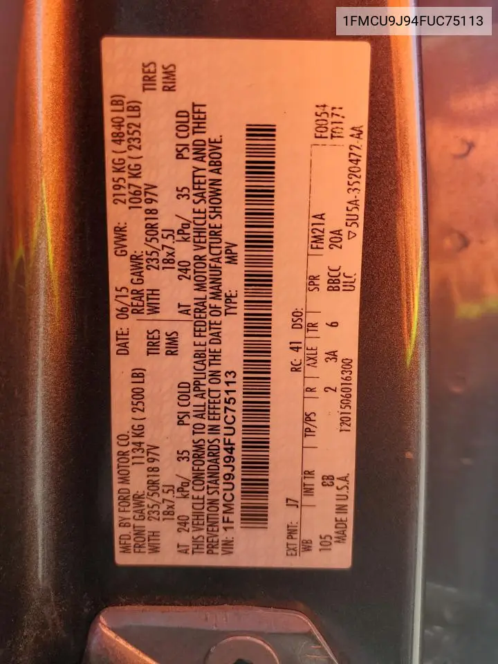 1FMCU9J94FUC75113 2015 Ford Escape Titanium