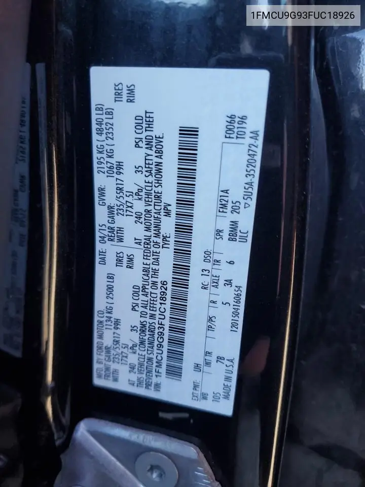 1FMCU9G93FUC18926 2015 Ford Escape Se