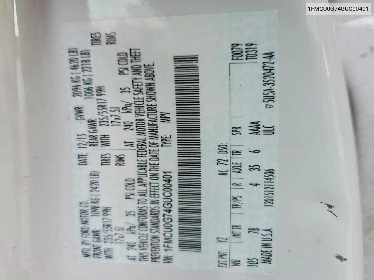 2016 Ford Escape Se VIN: 1FMCU0G74GUC00401 Lot: 61695836