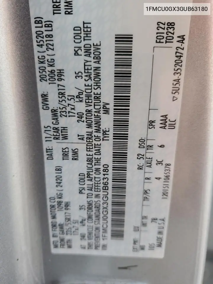 1FMCU0GX3GUB63180 2016 Ford Escape Se