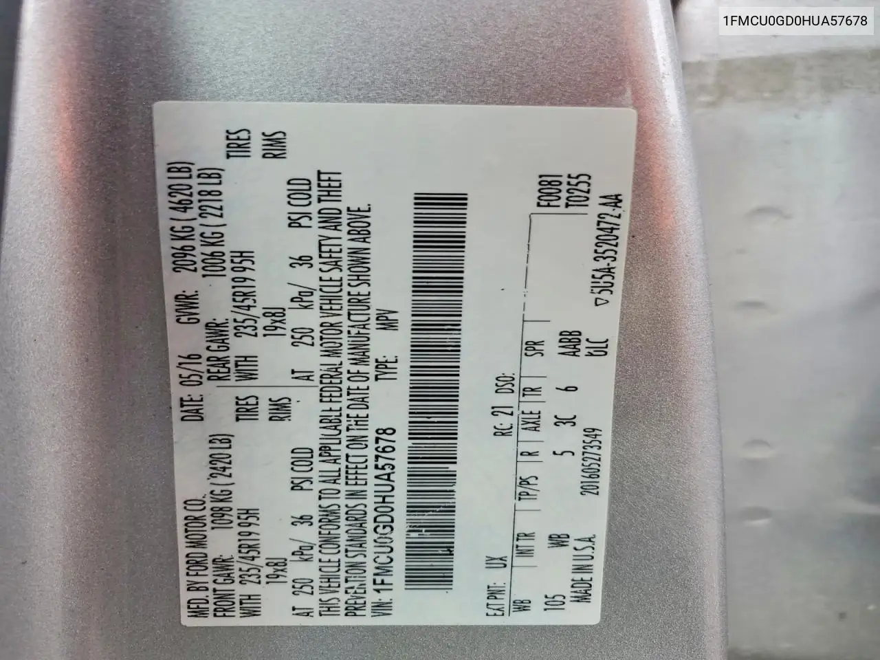 2017 Ford Escape VIN: 1FMCU0GD0HUA57678 Lot: 61915336