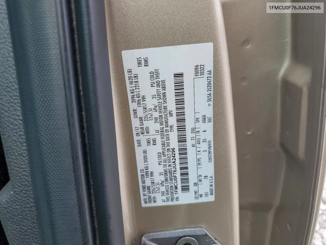 1FMCU0F76JUA24296 2018 Ford Escape S