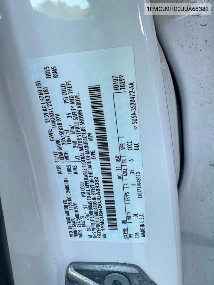 2018 Ford Escape Sel VIN: 1FMCU9HD0JUA68382 Lot: 62356576