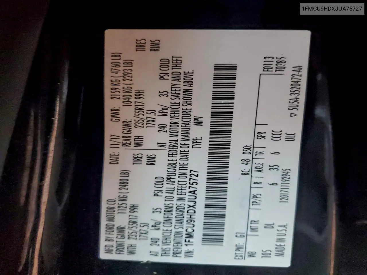 1FMCU9HDXJUA75727 2018 Ford Escape Sel