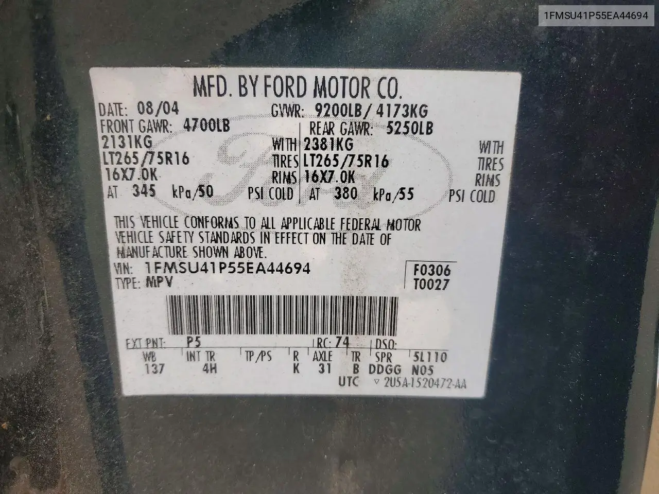 2005 Ford Excursion Xlt VIN: 1FMSU41P55EA44694 Lot: 53600446