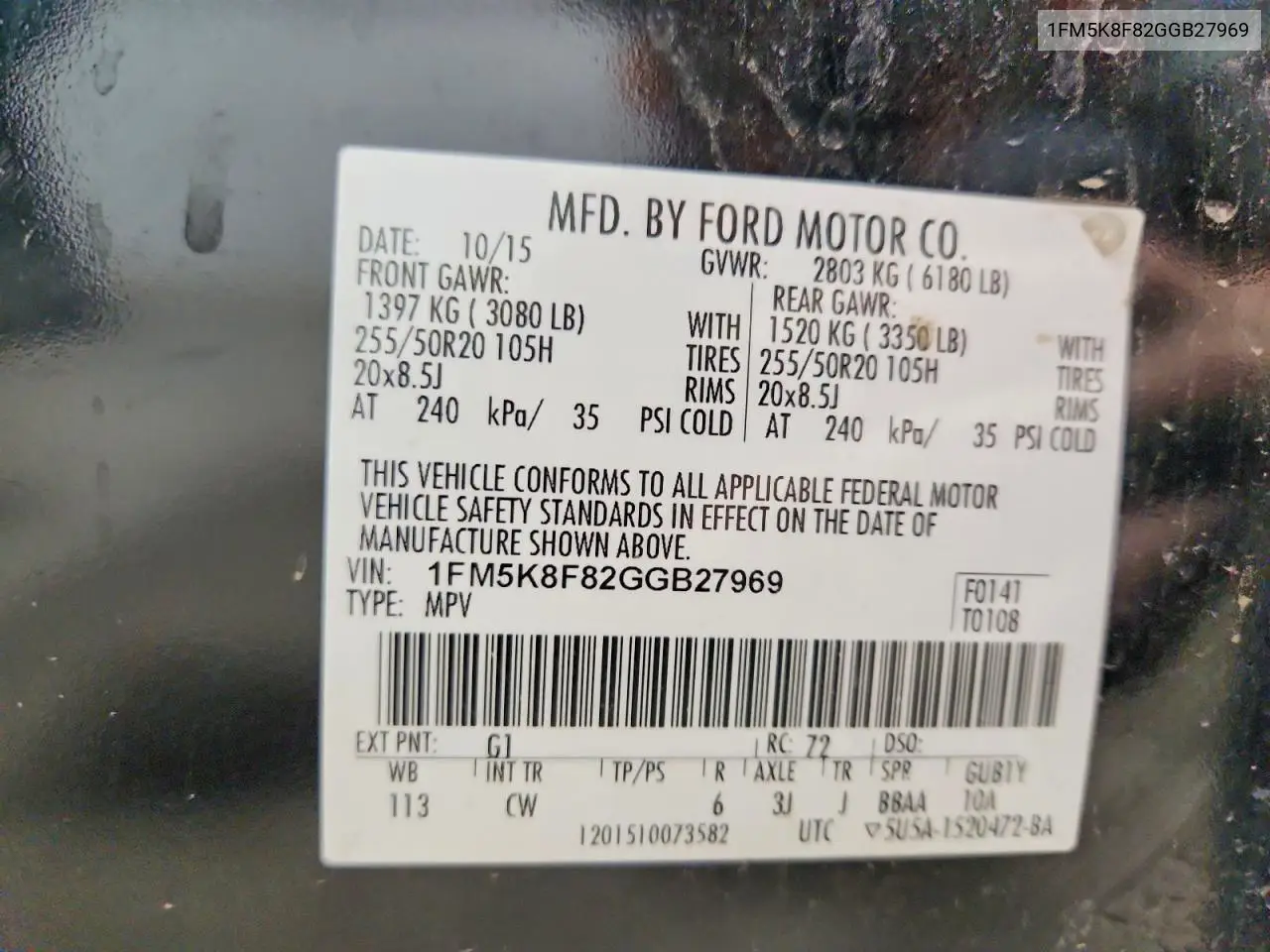2016 Ford Excur Lim VIN: 1FM5K8F82GGB27969 Lot: 57786396