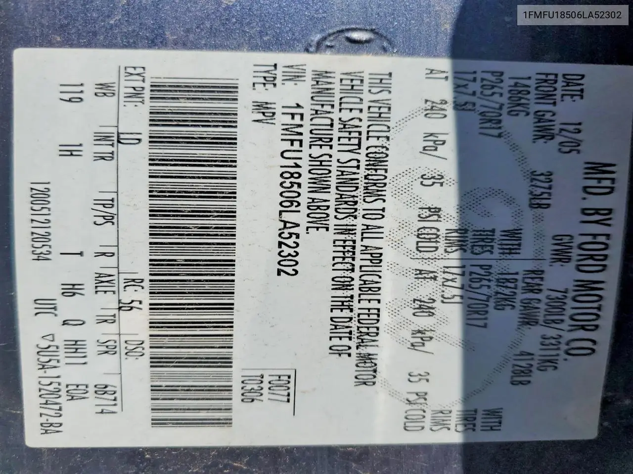 2006 Ford Expedition Eddie Bauer VIN: 1FMFU18506LA52302 Lot: 61628266