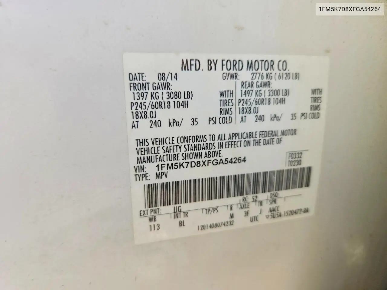 2015 Ford Explorer Xlt VIN: 1FM5K7D8XFGA54264 Lot: 61298046