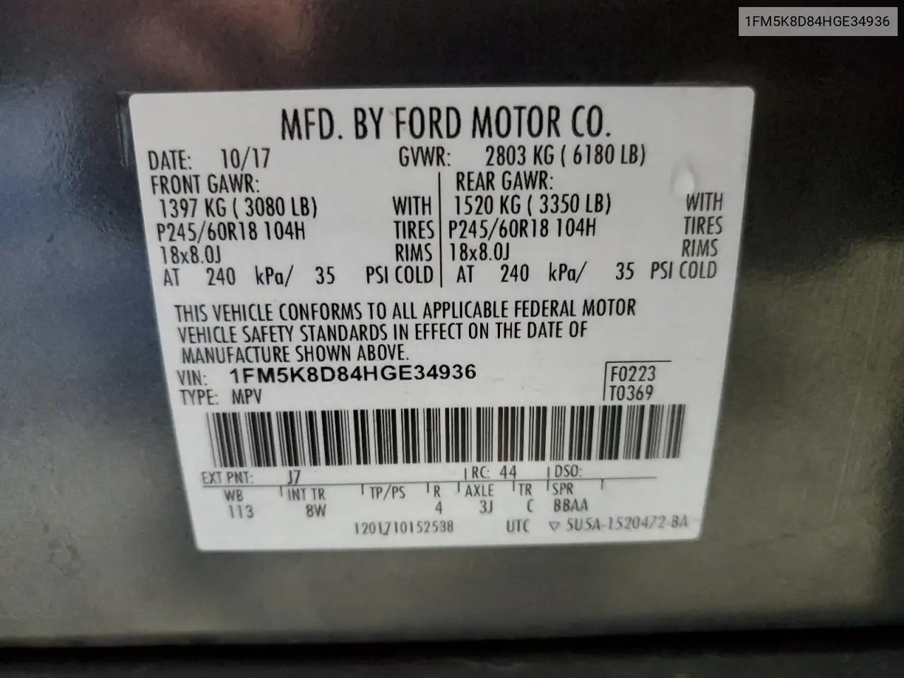1FM5K8D84HGE34936 2017 Ford Explorer Xlt