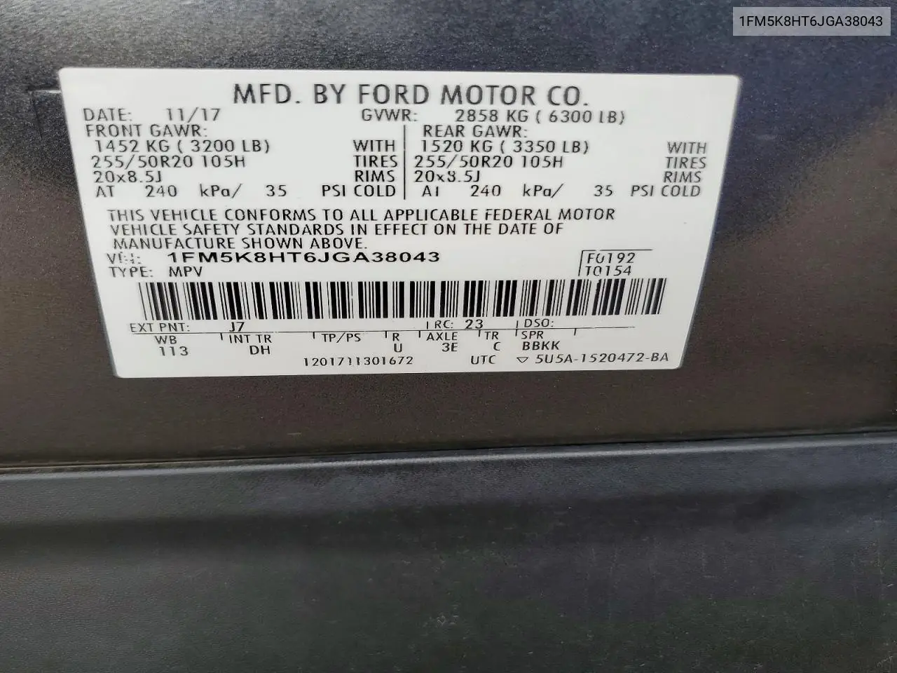 2018 Ford Explorer Platinum VIN: 1FM5K8HT6JGA38043 Lot: 61561396