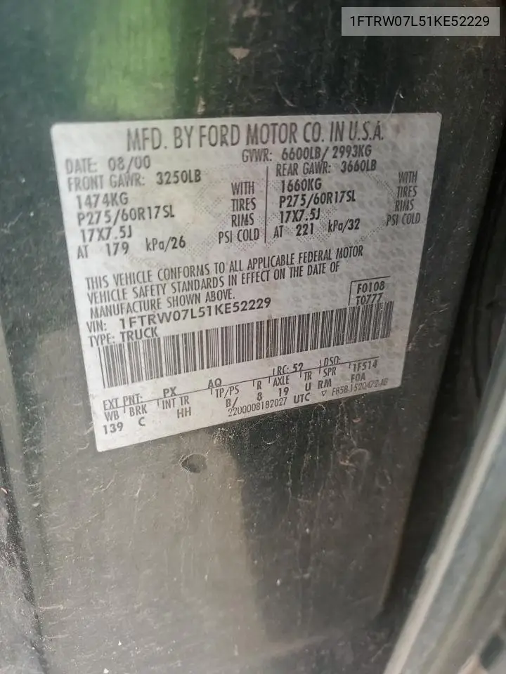 1FTRW07L51KE52229 2001 Ford F150 Supercrew