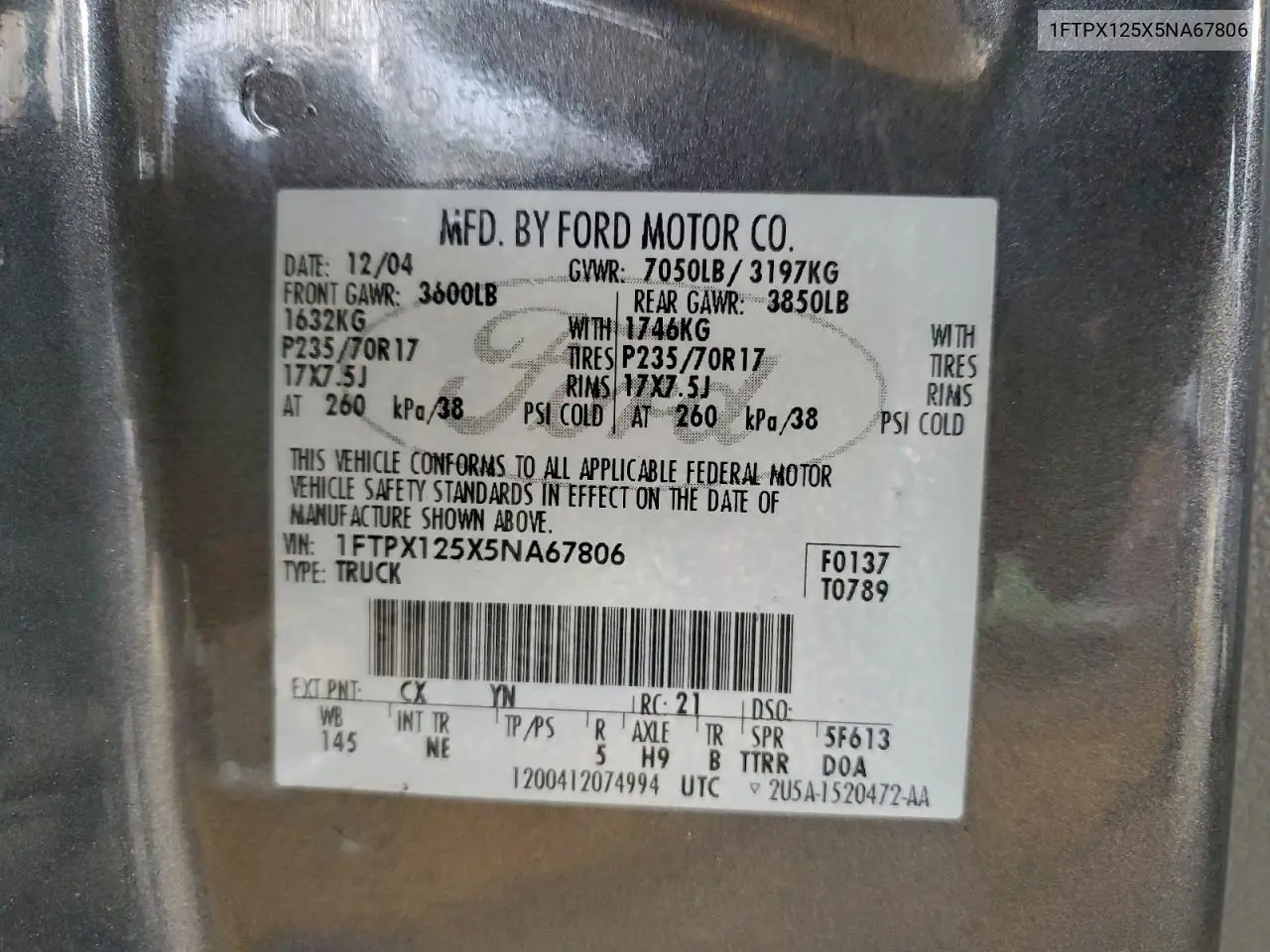 1FTPX125X5NA67806 2005 Ford F150