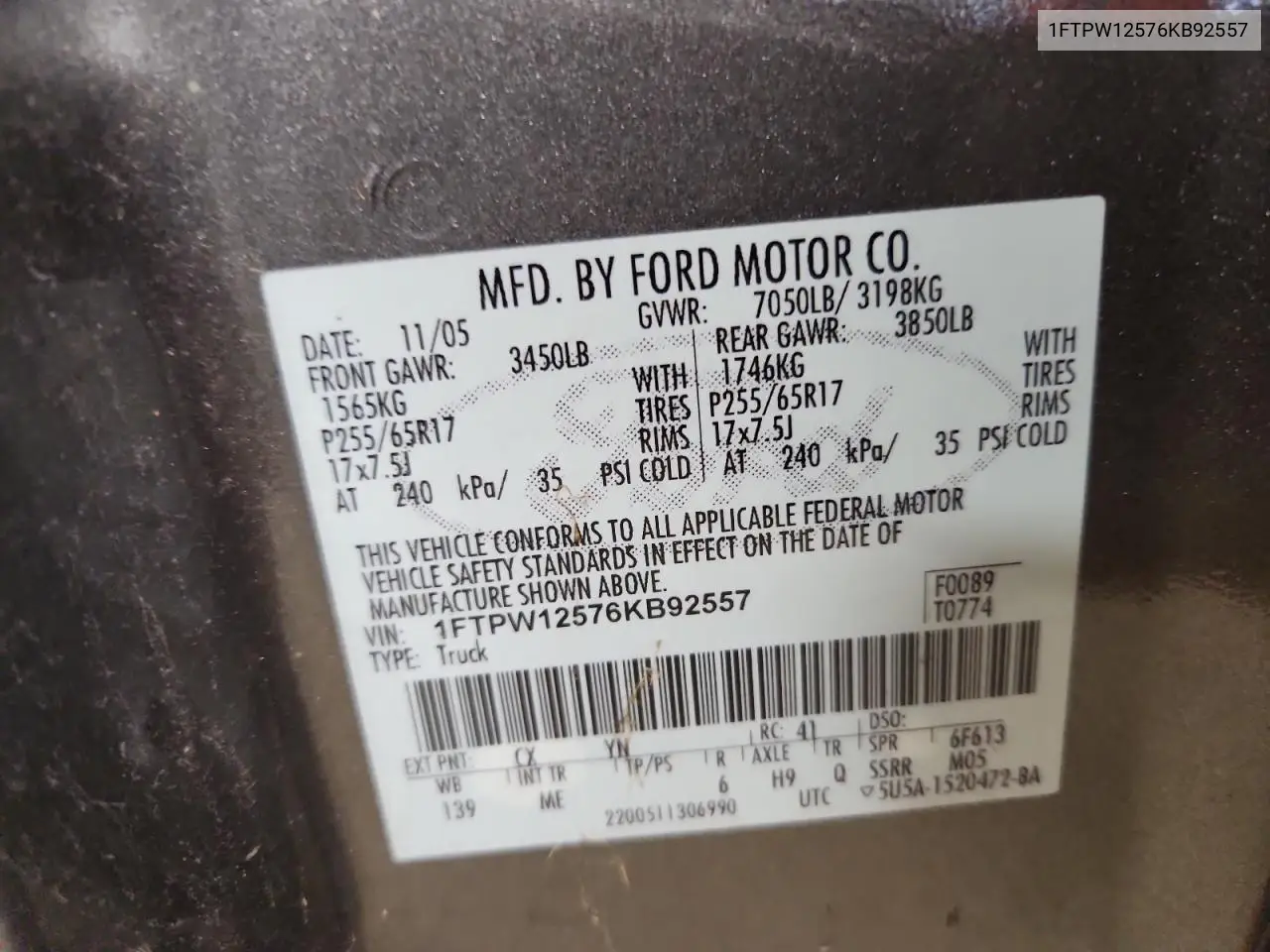1FTPW12576KB92557 2006 Ford F150 Supercrew
