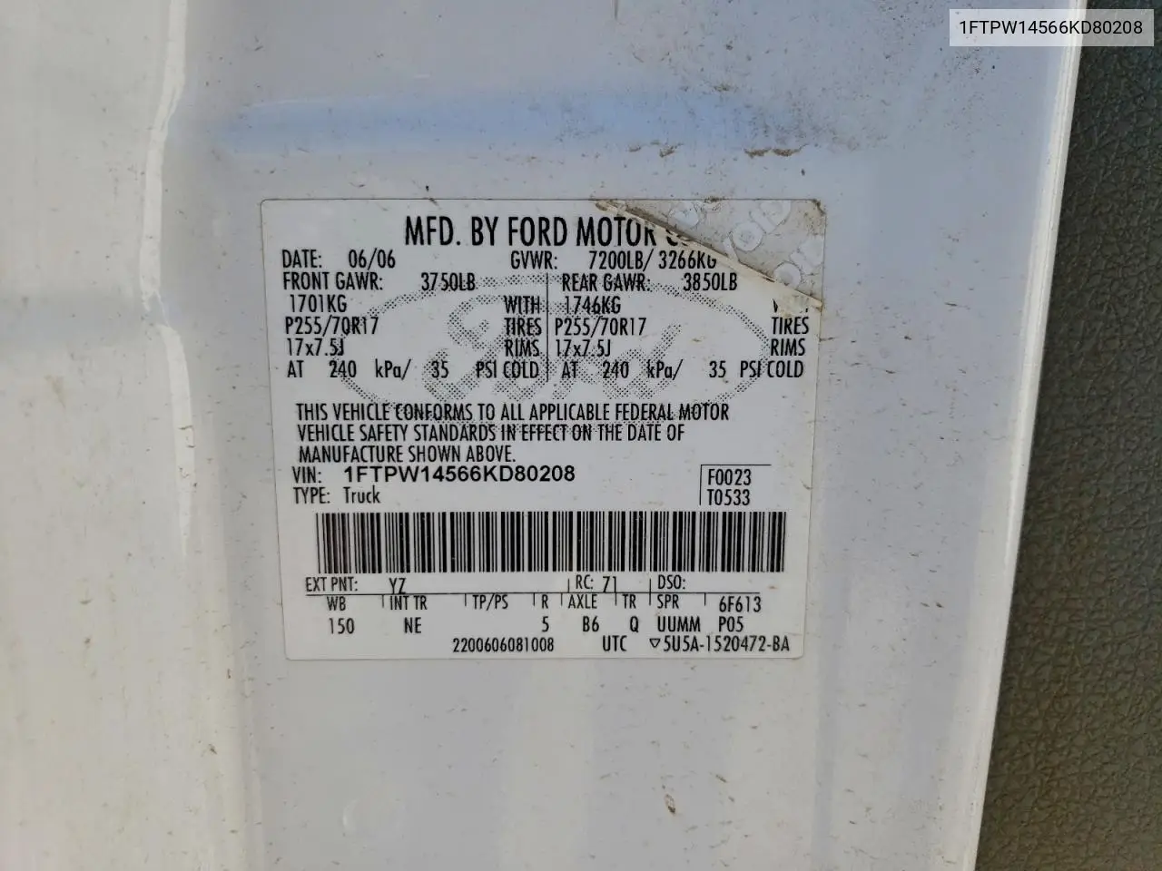 1FTPW14566KD80208 2006 Ford F150 Supercrew