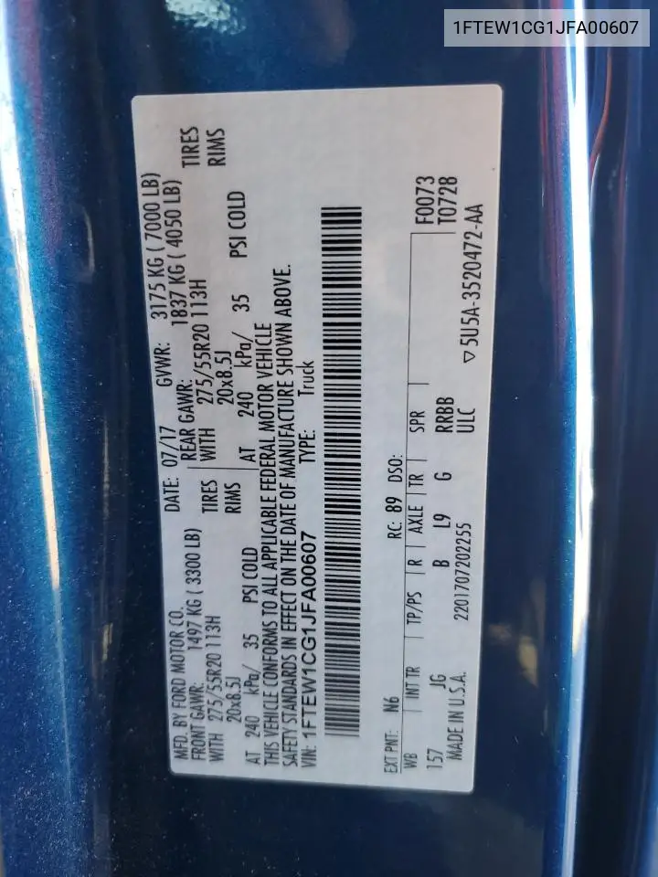 1FTEW1CG1JFA00607 2018 Ford F150 Supercrew