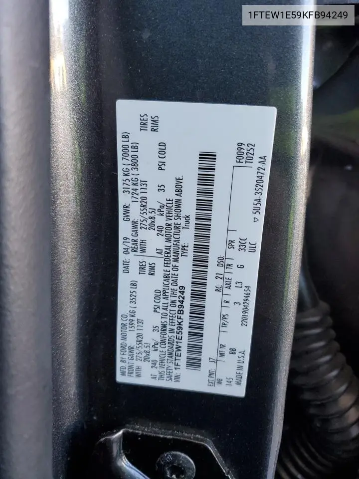 1FTEW1E59KFB94249 2019 Ford F150