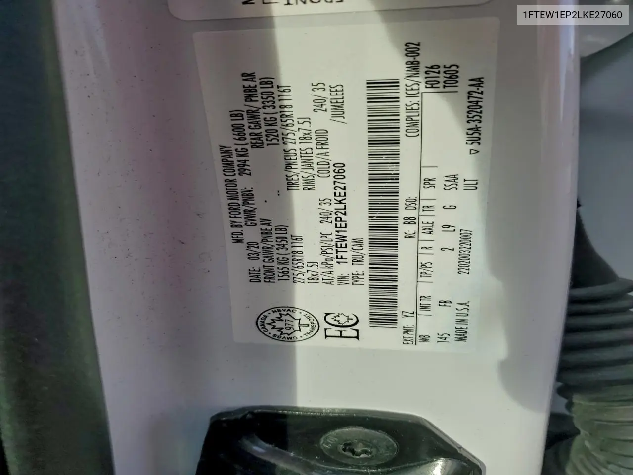 1FTEW1EP2LKE27060 2020 Ford F150 Supercrew