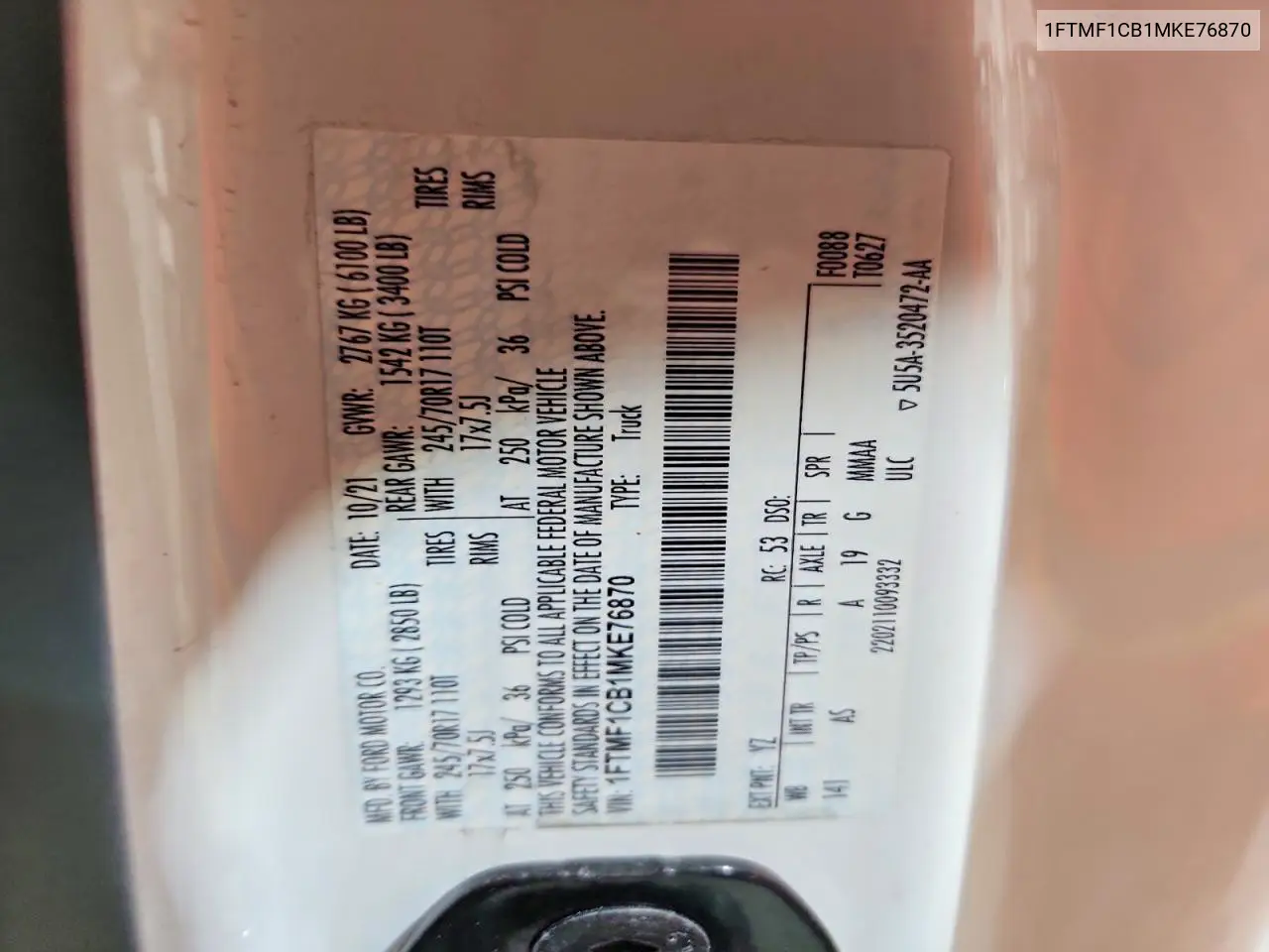 2021 Ford F150 VIN: 1FTMF1CB1MKE76870 Lot: 61984876
