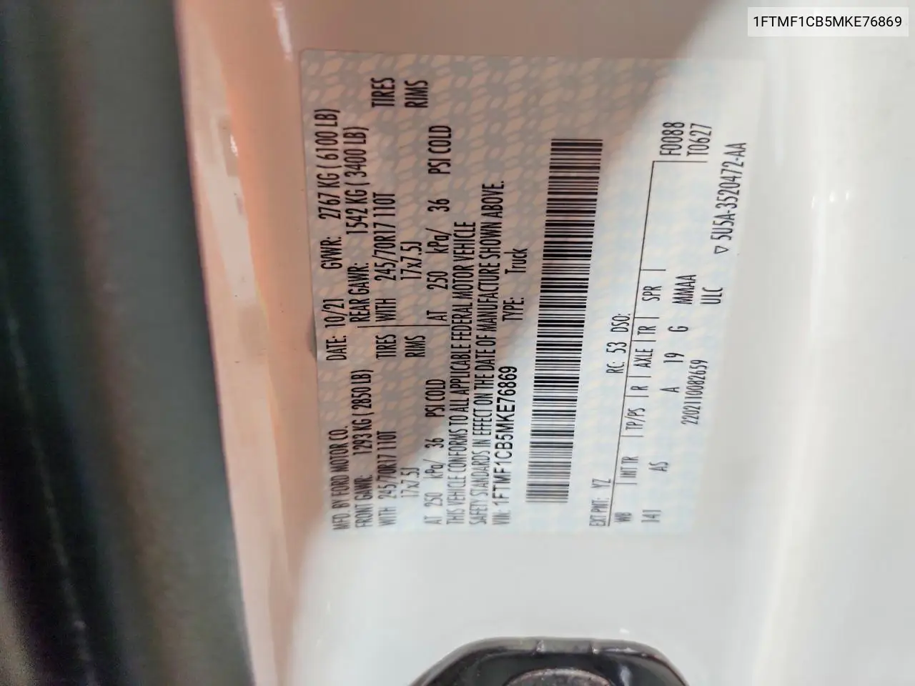 2021 Ford F150 VIN: 1FTMF1CB5MKE76869 Lot: 61985886