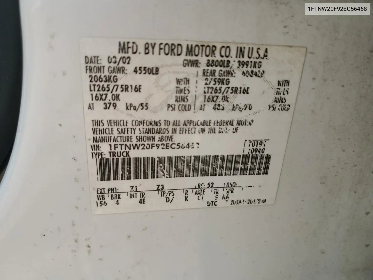 1FTNW20F92EC56468 2002 Ford F250 Super Duty