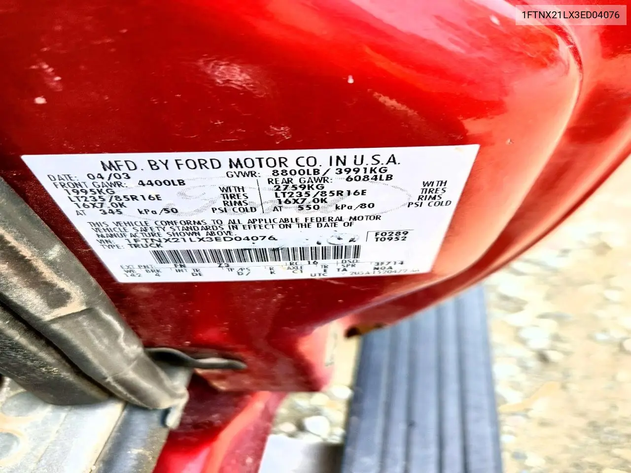 2003 Ford F250 Super Duty VIN: 1FTNX21LX3ED04076 Lot: 57931756