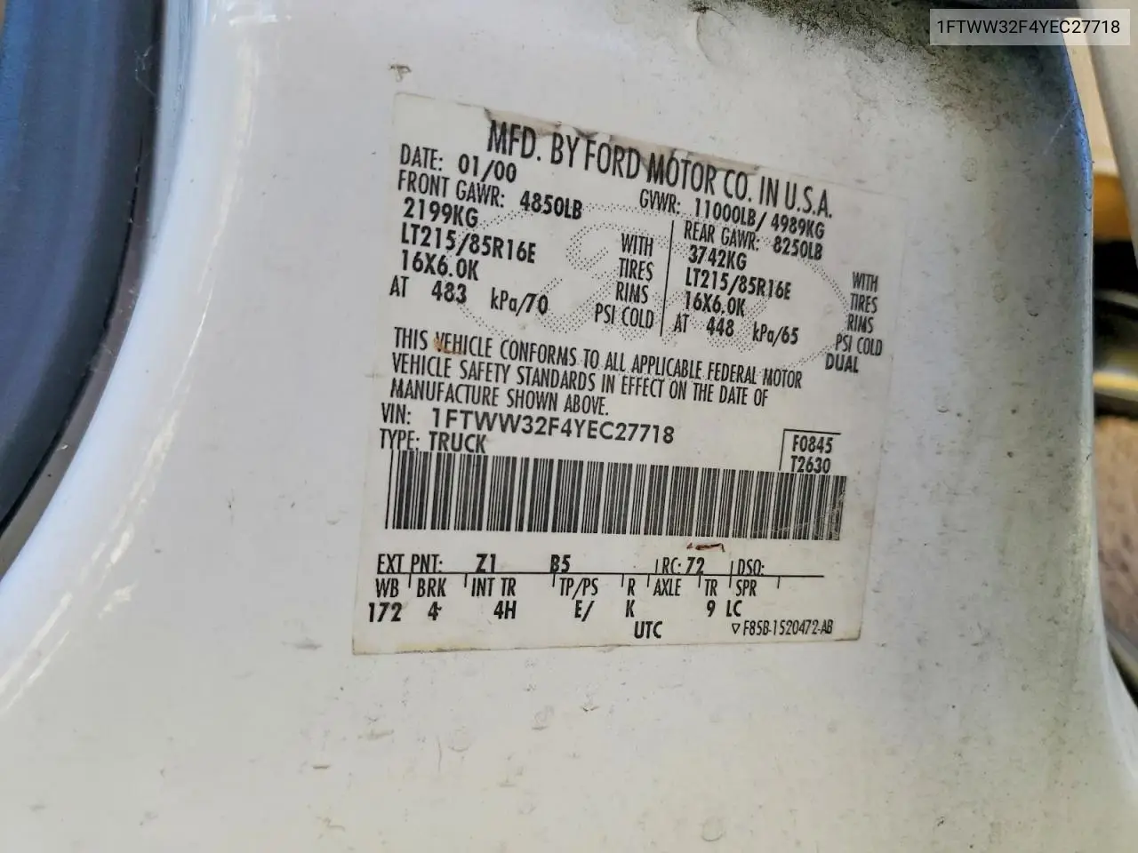 2000 Ford F350 Super Duty VIN: 1FTWW32F4YEC27718 Lot: 57752076