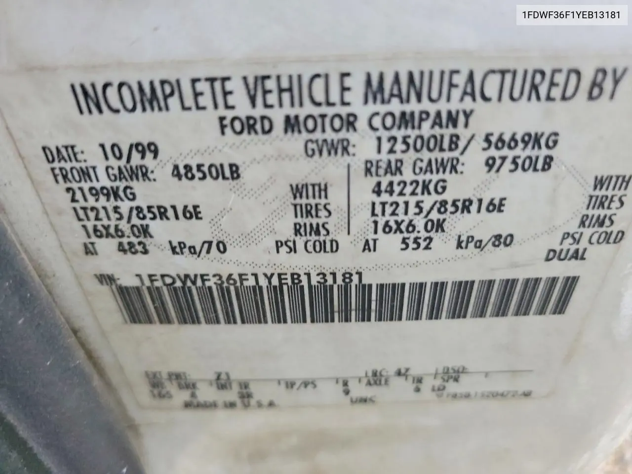 2000 Ford F350 Super Duty VIN: 1FDWF36F1YEB13181 Lot: 59884806