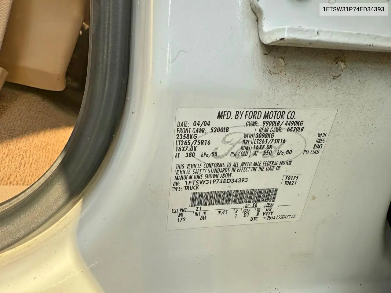 1FTSW31P74ED34393 2004 Ford F350 Srw Super Duty