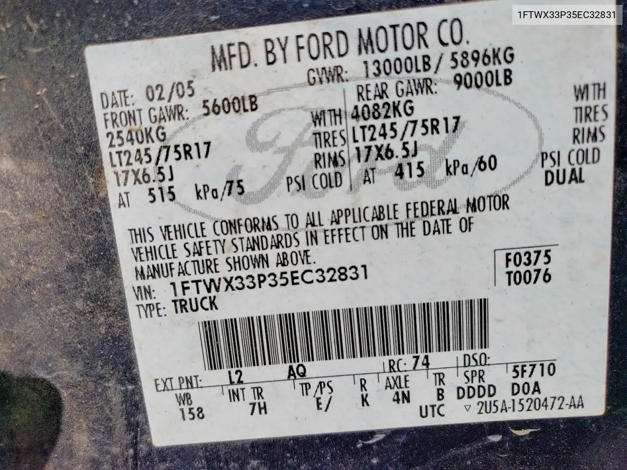 2005 Ford F350 Super Duty VIN: 1FTWX33P35EC32831 Lot: 56522856